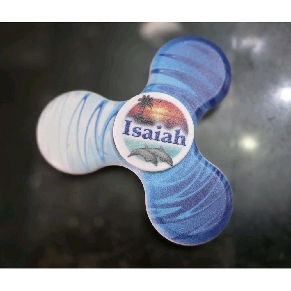 Personalized Name "Isaiah" Fidget Spinner Toy Blue Beach Theme Palm Tree Dolphin